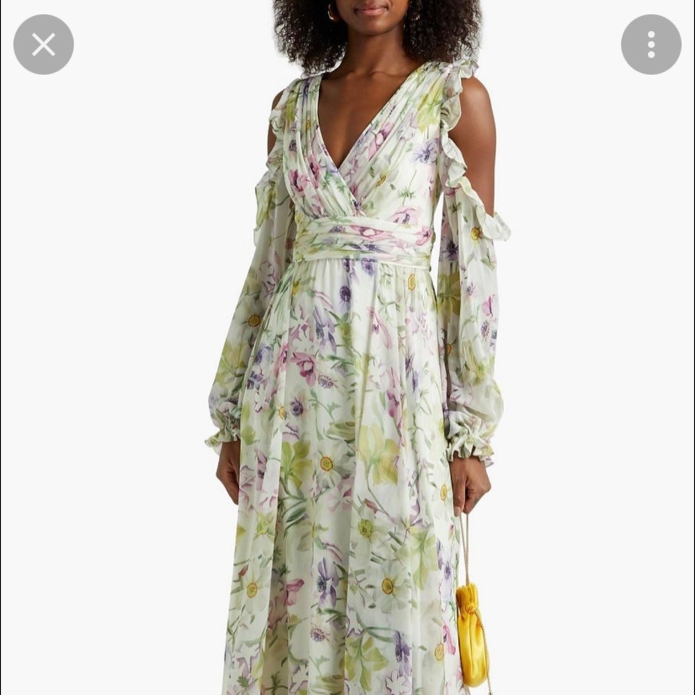 Theia cold shoulder long floral dress with slit